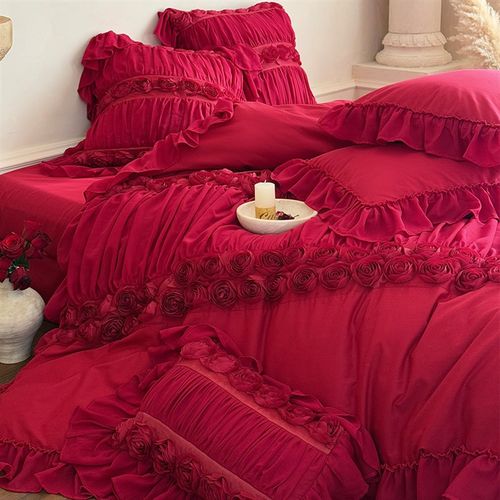 春夏全棉婚庆四件套水洗棉法式浪漫立体玫瑰结婚红色被套床单床裙
