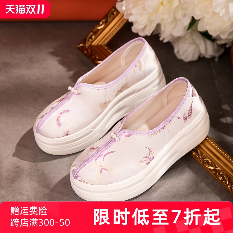 古风汉服鞋子女新款增高厚底一脚蹬布鞋配古装国风新中式绣花鞋
