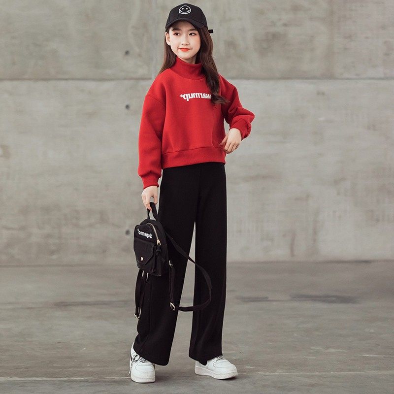 儿童阔腿裤套装洋气冬装亲子2021韩版高领保暖卫衣女童加绒两件套