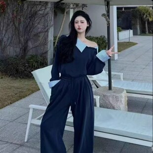 爆款炸街高级感斜领露肩短卫衣套装女春秋小个子休闲阔腿裤两件套