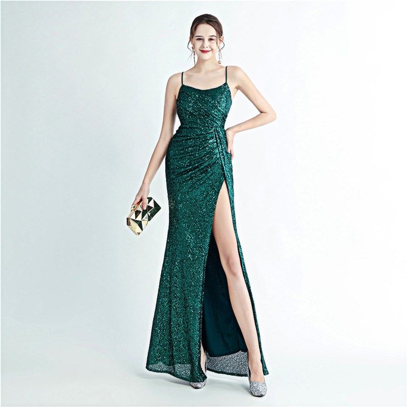 吊带晚礼服女2025新款轻奢高级感宴会气质侧开叉亮闪闪长款连衣裙