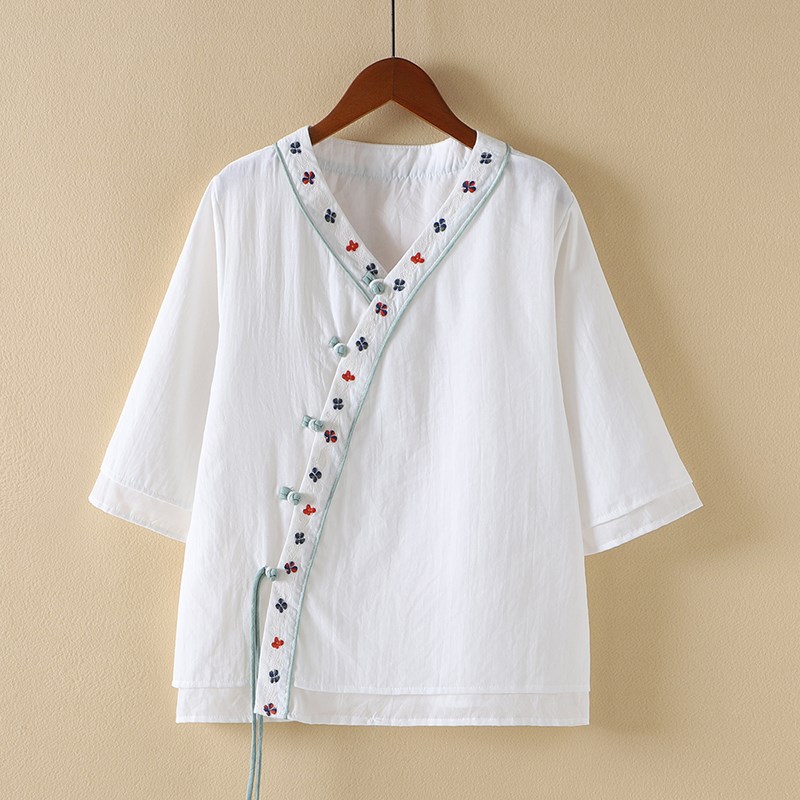 中国风棉麻刺绣外搭开衫女夏季薄款宽松盘扣复古中式汉服茶服外套