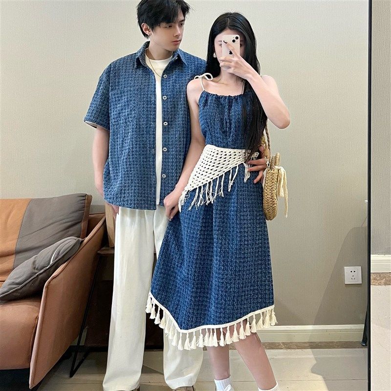 情侣装夏季沙滩显瘦连衣裙女春秋2025新款法式高级感收腰气质长裙