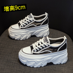 厚底松糕鞋女款2023夏天新款帆布鞋内增高女鞋网面透气浅口小白鞋