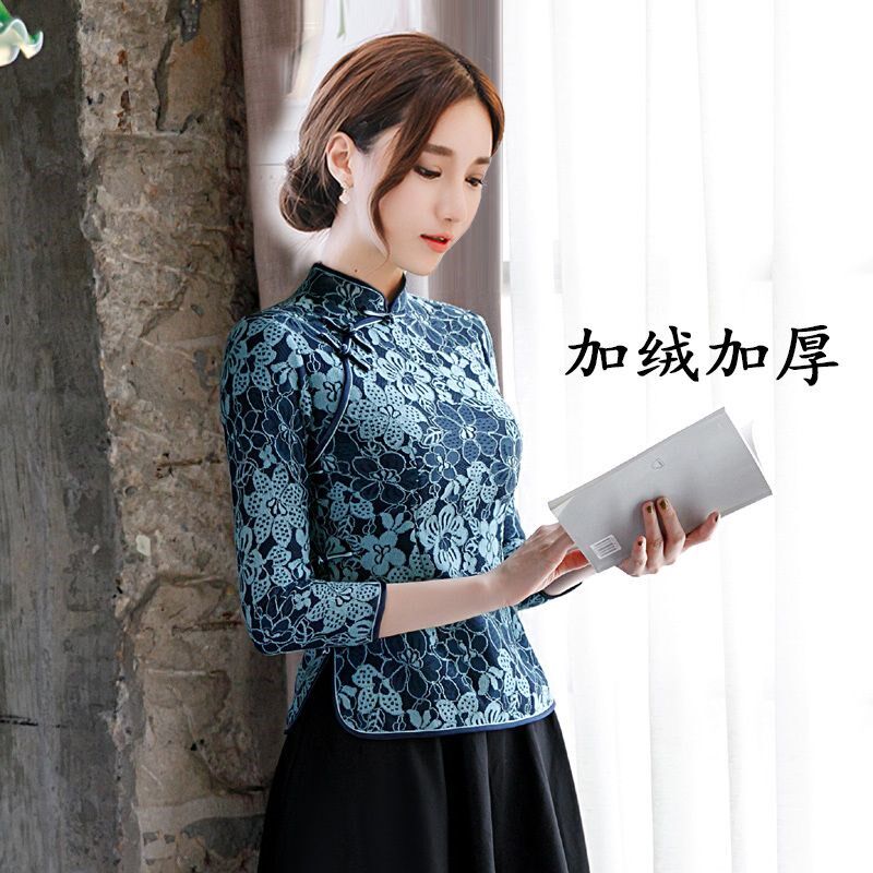 中国风旗袍上衣女秋冬长袖加厚修身蕾丝改良唐装加绒女士汉服古装