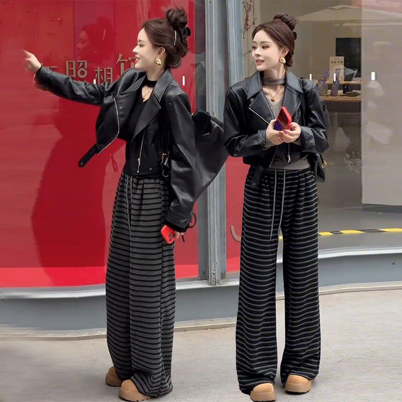 2025春秋短款皮衣外套挂脖修身打底衫条纹阔腿裤套装时尚三件套潮