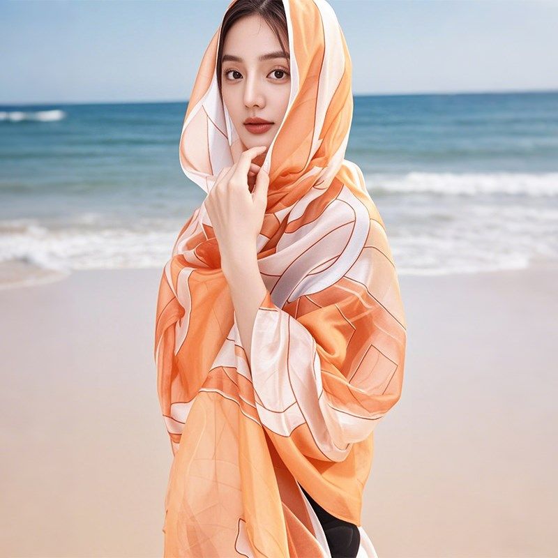真丝丝巾女士2025新款夏季薄款防晒沙滩头纱巾大披肩斗篷围巾夏天