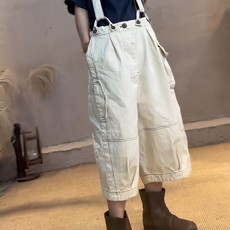 欧货正品白色棉麻设计感背带裤女2025年夏季新款休闲风时尚阔腿裤