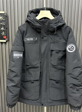 2023冬季新款贴标连帽潮牌冲锋衣男棉服时尚工装大兜休闲百搭外套