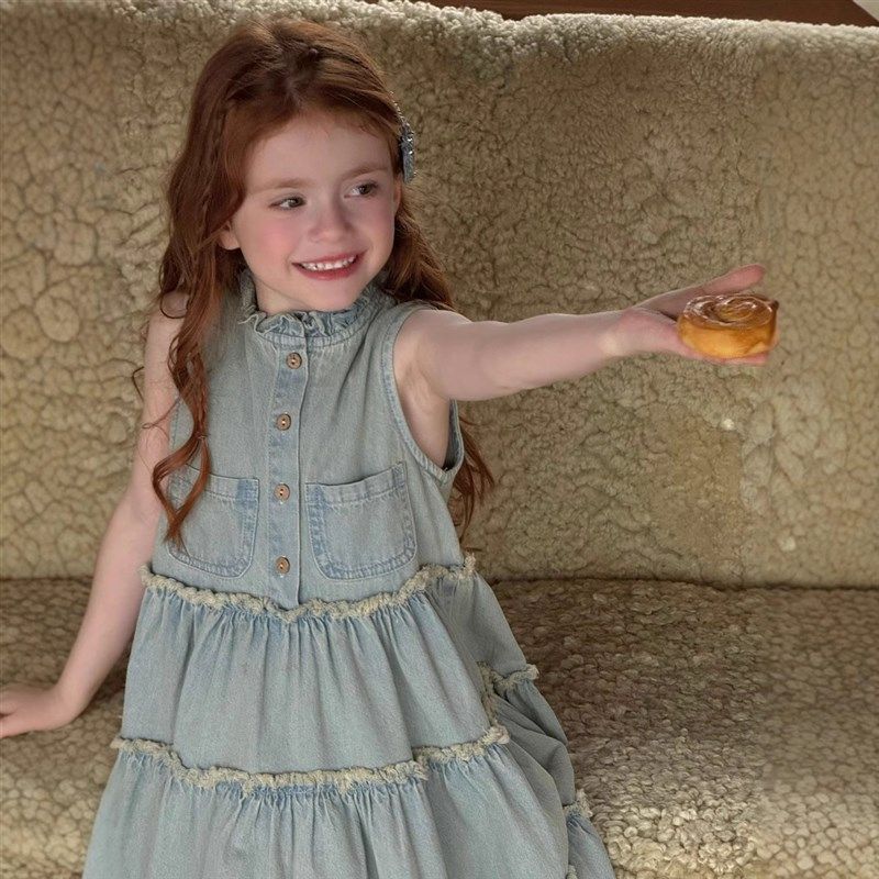 木耳边牛仔连衣裙205新款童装韩版无袖女童背心裙儿童牛仔长裙