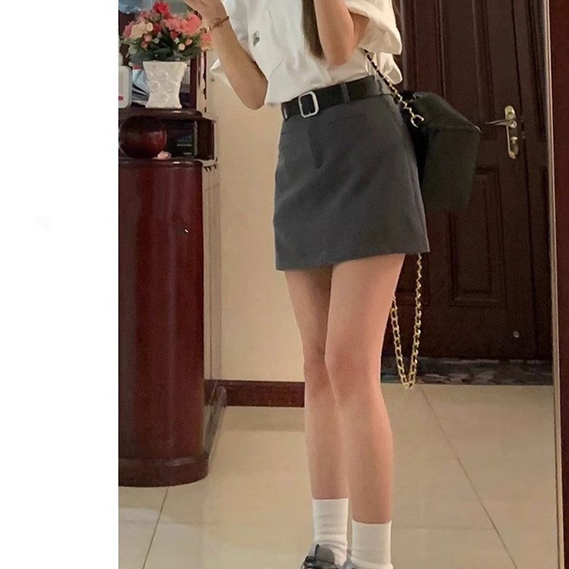 微胖灰色西装短裙女遮肚显瘦辣妹有内衬小个子包臀a字半身裙新款