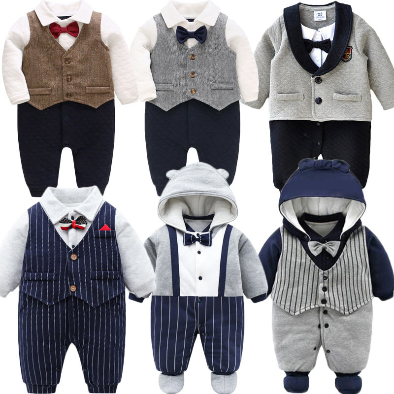 秋冬装新生婴儿儿衣服男宝宝礼服绅士周岁百天满月西装连体衣加厚