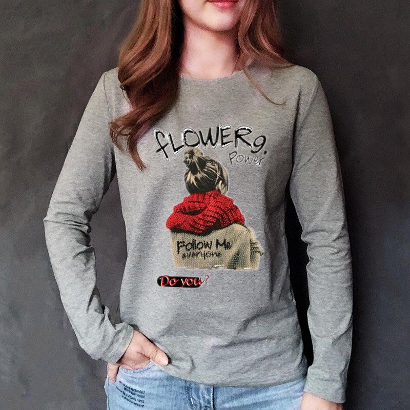 秋冬打底衫女长袖修身显瘦纯棉圆领韩版印花灰色长袖T恤女宽松潮