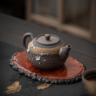 粗陶鎏金寒梅手执壶泡茶器功夫茶壶单F壶日式复古陶瓷不烫手冲茶