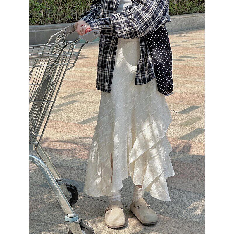 白色不规则蕾丝花边半身长裙春季大码a字独特漂亮梨型身材鱼尾裙