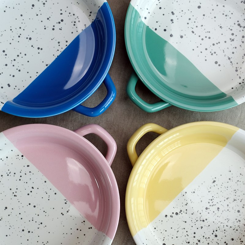 W1962北欧设计款麻点釉釉下彩半彩色简约餐盘微波炉双耳盘杯碗