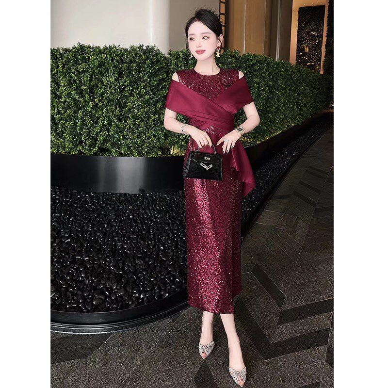 2024夏重工闪闪亮片修身披肩拼接优雅婚礼喜婆婆喜妈妈礼服连衣裙