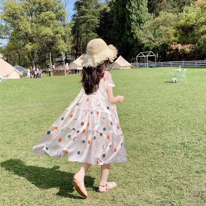 2025女童夏季韩版碎花短袖连衣裙人造棉度假休闲儿童棉绸过膝长裙
