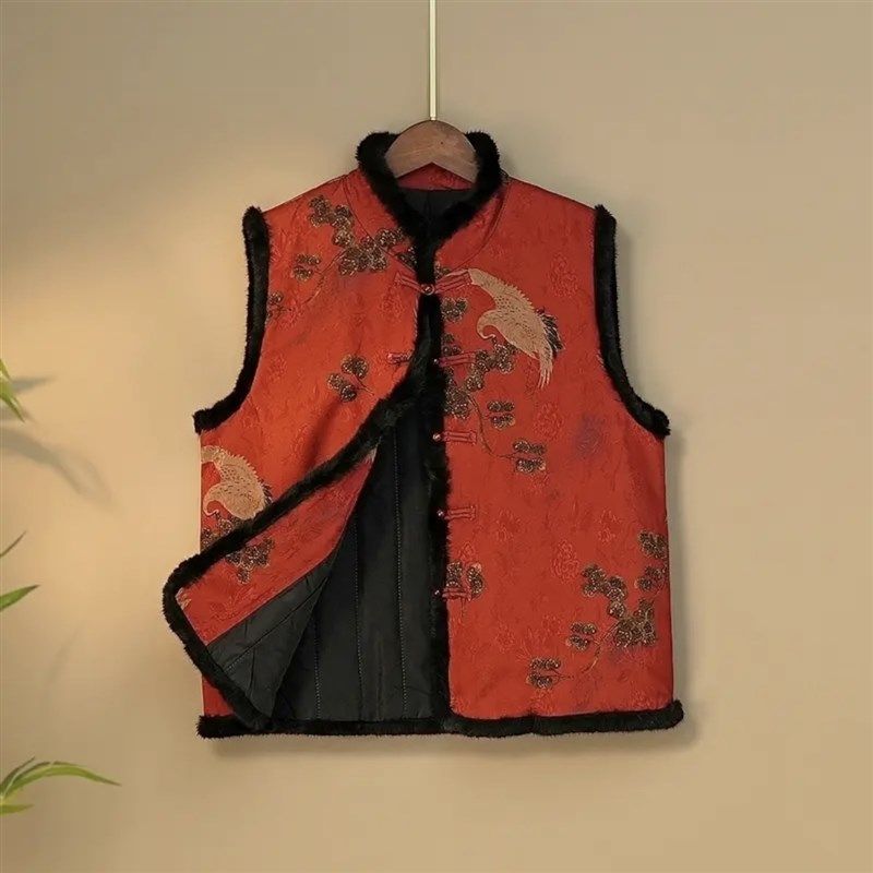 新中式国风盘扣马甲外套女秋冬季夹棉保暖羽绒棉服妈妈装坎肩马夹