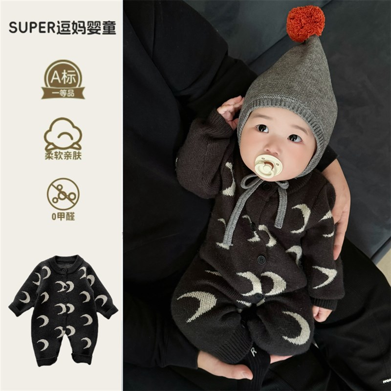 婴幼儿秋季外出服宝宝衣服秋装韩系婴儿针织爬服百天男宝毛衣连体