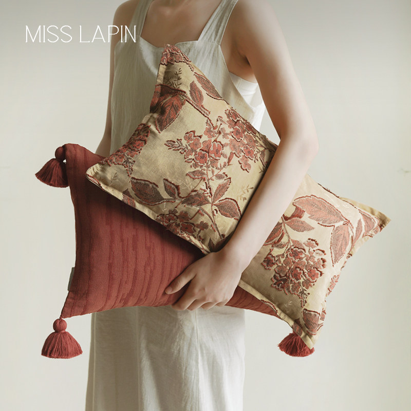 澜品花序红色纯棉吊穗抱枕客厅靠枕沙发腰枕新中式枕套靠垫