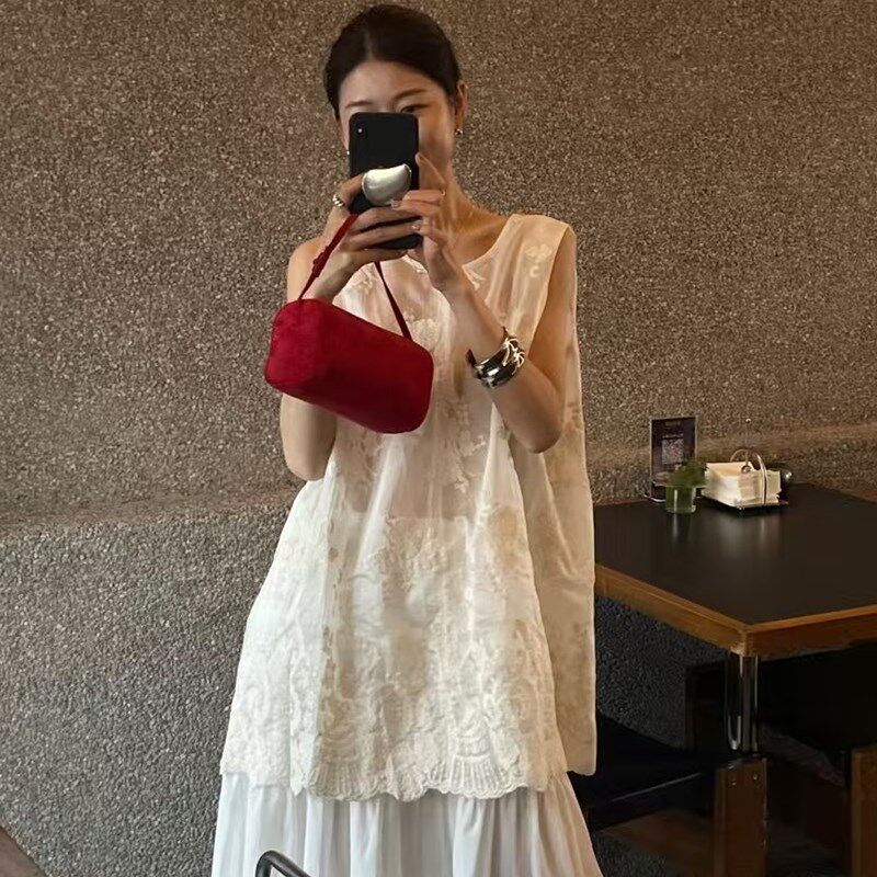 法式大码蕾丝马甲背心女夏外穿2025新款慵懒风宽松无袖坎肩上衣潮