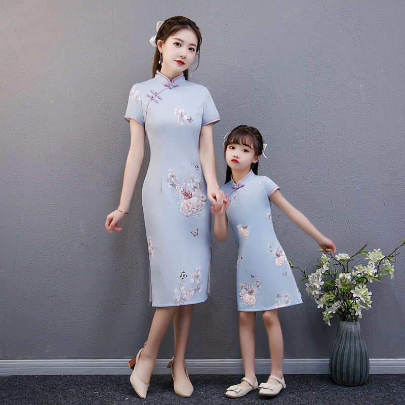 2021亲子旗袍母女装夏炸街新款四面弹复古旗袍女童连衣裙修身显瘦