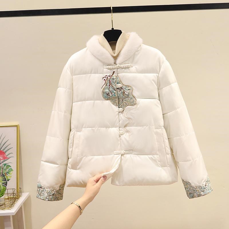 冬装新中式国风棉袄大码加厚复古盘扣棉服短款刺绣羽绒棉衣女外套
