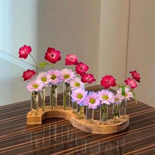 胡桃木玻璃花瓶摆件客厅插花弧形木质底座水培试管花瓶装饰品摆件