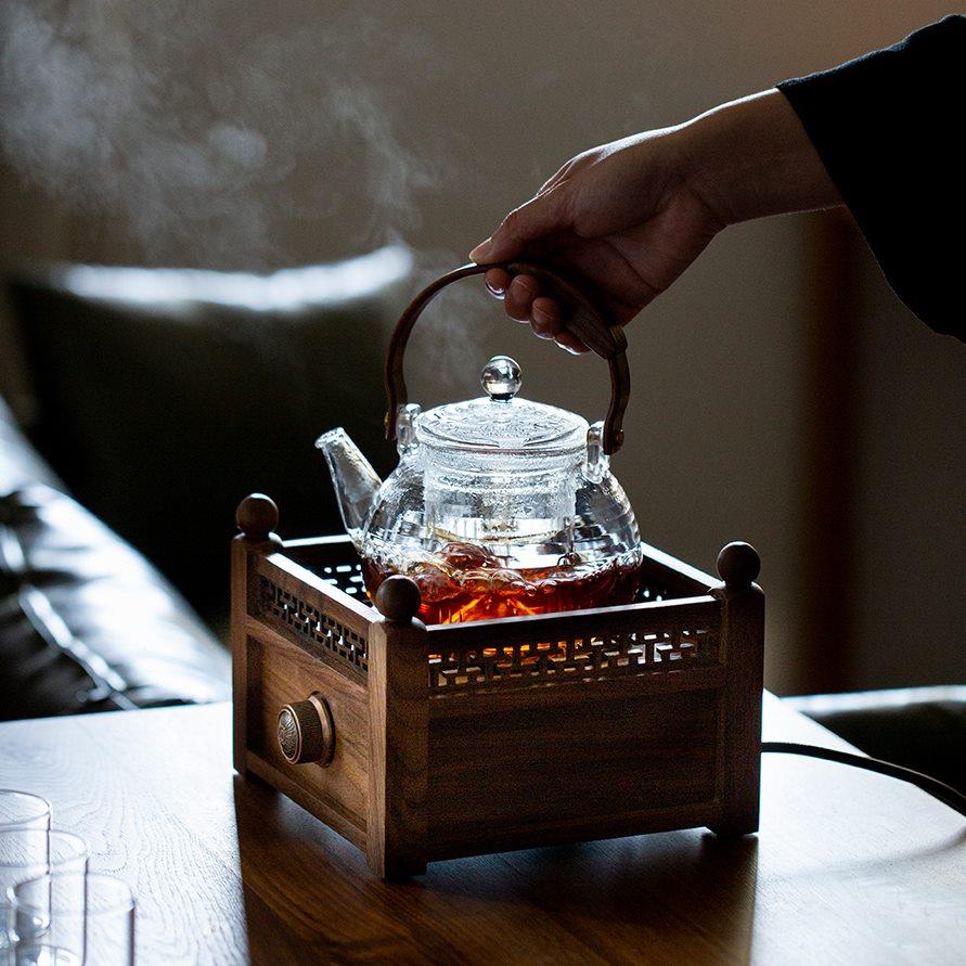 左茗右器围炉煮茶胡桃木静音电陶炉家用耐高温玻璃煮茶壶茶具套装