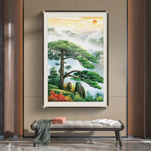 迎客松挂画入户门玄关画新中式山水画走廊壁画实木中堂客厅装饰画
