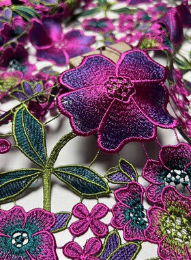 水溶刺绣布料 重工加密玫紫色花朵精细定制蕾丝旗X袍连衣裙面料