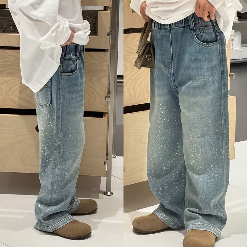 女童爆闪牛仔裤春秋2025新款儿童女孩春季直筒休闲裤Y春装阔腿裤