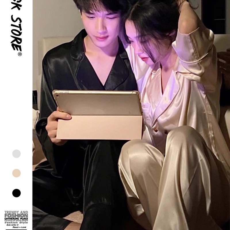 韩版纯色冰e丝长袖睡衣女款2024新款春款休闲长裤家居服情侣款套