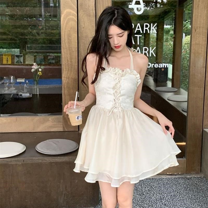 白色挂脖连体连衣裙l式泳衣女夏2024新款网红风遮肚显瘦保守高级