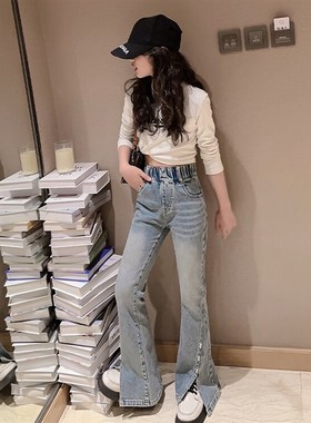 女童秋季蓝色微喇开叉牛仔裤v2024E新款高腰长裤春秋装大童直筒裤