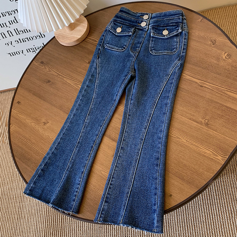 儿童牛仔裤春秋季2023新款女z童高腰两颗扣修身小众气质洋气喇叭