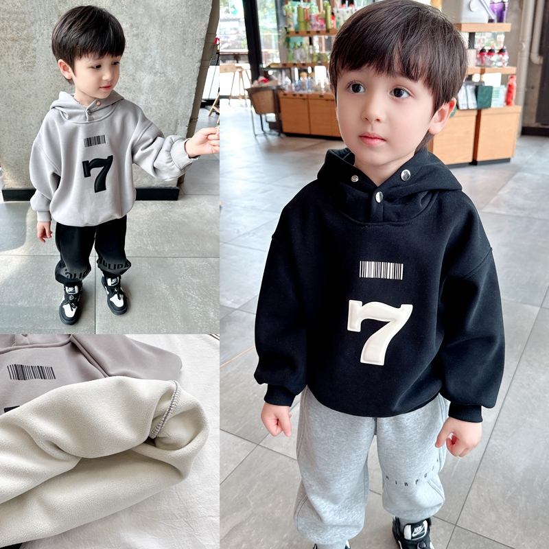 立体数字~d男童加绒连帽运动衫2023秋冬季新款儿童一体绒休闲上衣