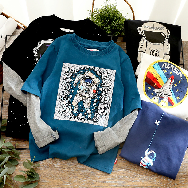 男童长袖t恤纯棉2021新款秋装儿童恐龙假L两件卫衣童装宝宝打底衫
