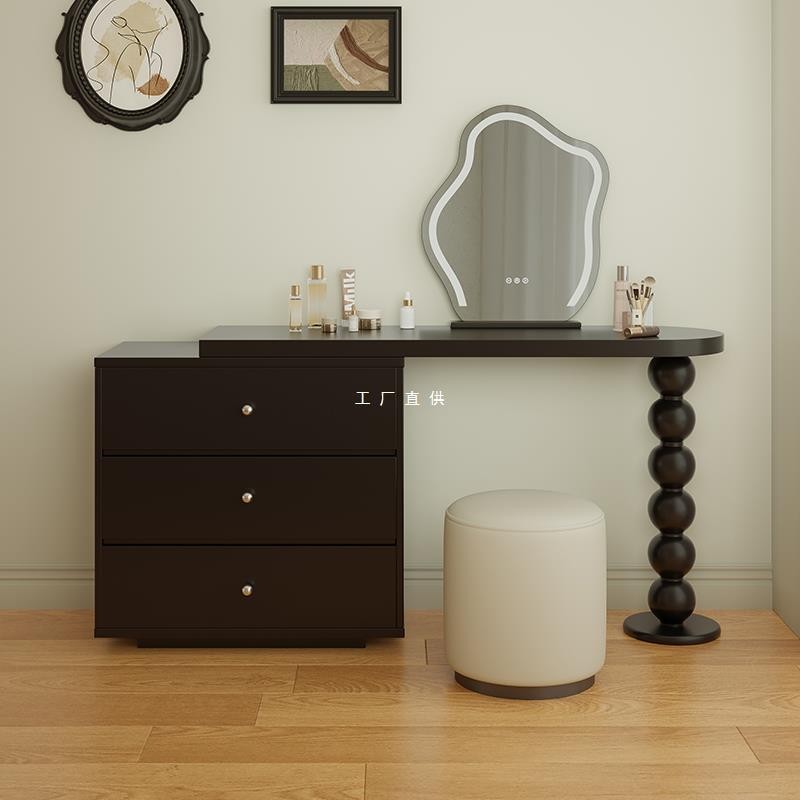 法式复古梳妆台斗柜一体实木小户型主卧室黑色化妆桌床头柜组合