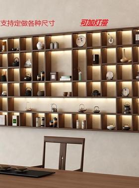 定制实木生态板格子墙上置物茶杯茶壶展示货架创意LED灯带多宝阁