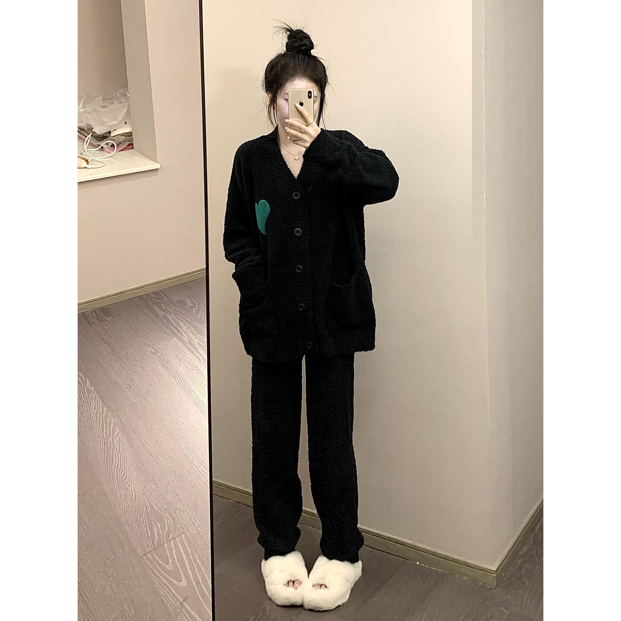 韩国半边绒睡衣冬季女加绒加厚珊瑚绒家居服套装2025年新款秋冬天