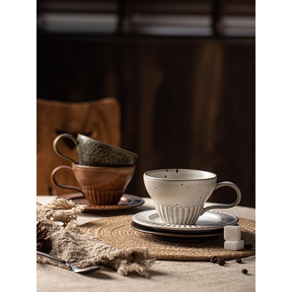 莳绘金缮日式复古折腰鼓形粗陶咖啡杯碟套装创意高颜值拉花马克杯