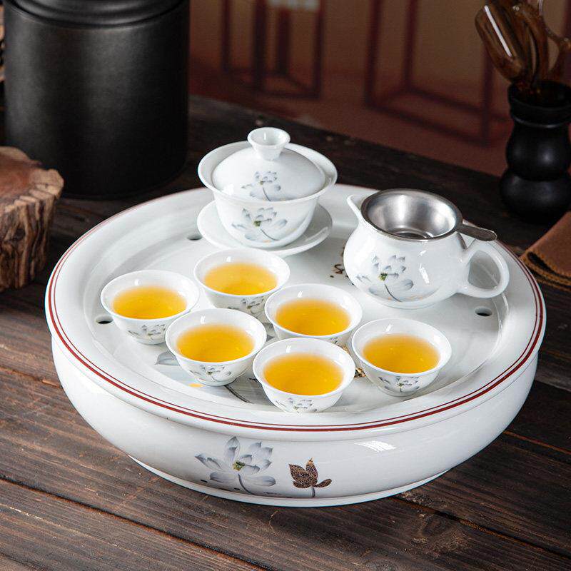 潮汕传统白瓷整套功夫茶具套装素雅小套家用办公陶瓷茶盘薄胎茶杯