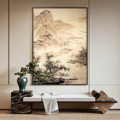 新中式山水泛舟装饰画客厅玄关书房背景墙定制壁画竖版铝合金挂画