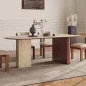 法式 覆古实木餐桌洞石岩板小户型设计师创意半椭圆家用岛台餐桌椅