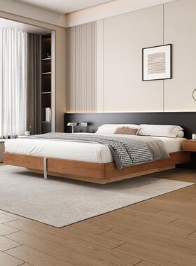 极简现代榻榻米落地无床头床架高箱储物中古覆古风家具悬浮实木床