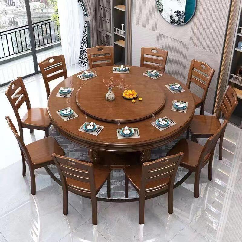 新中式实木餐桌椅组合带转盘餐桌家用圆桌电磁炉吃饭桌饭店大圆桌