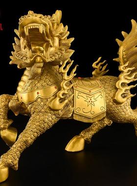 铜麒麟摆件一对公母黄铜火麒麟财客厅办公室纯家用聚宝盆麒麟大号