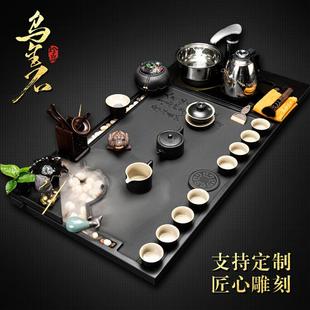 全自动一体整套功夫茶具流水景观家用简约石头茶台 乌金石茶盘套装